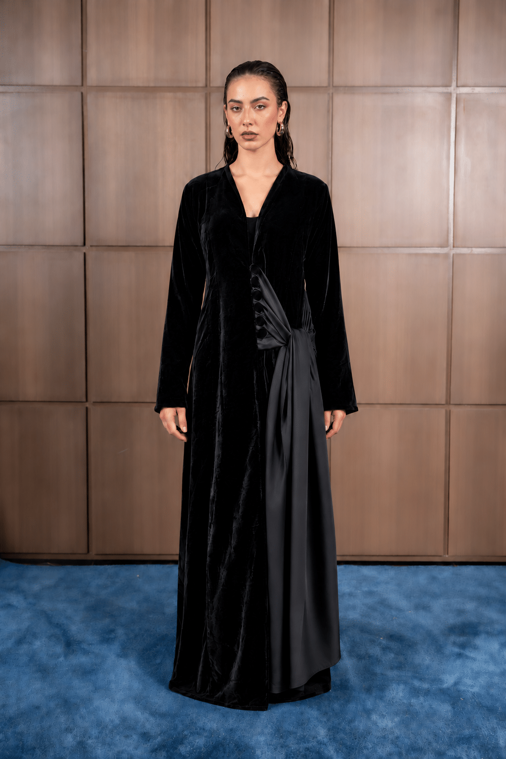 Black Velvet Abaya with Sculptural Gold Hoops