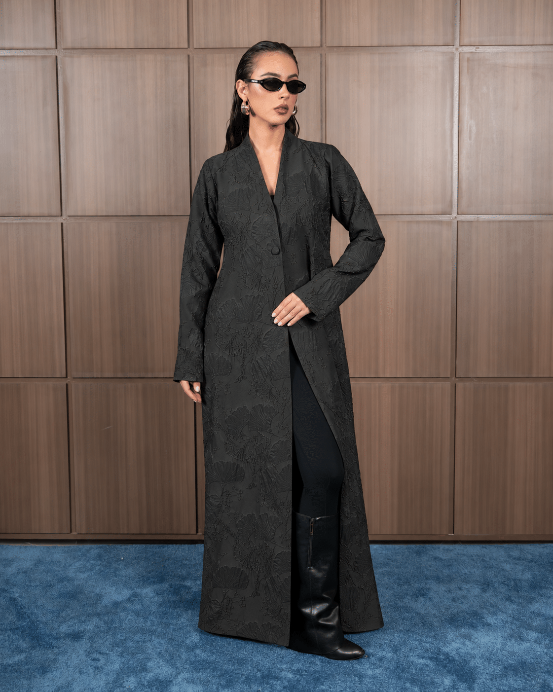Tailored charcoal floral abaya portrait